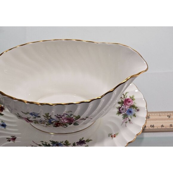 Minton Marlow Floral Gravy Boat Attached Underplate vtg Globe backstamp1950s ros - Picture 9 of 12